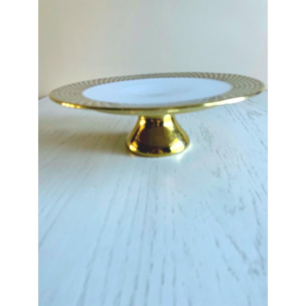 Cira Fine Porcelain Gold Metallic Accent Cake Stand Pedestal Dessert Display‎